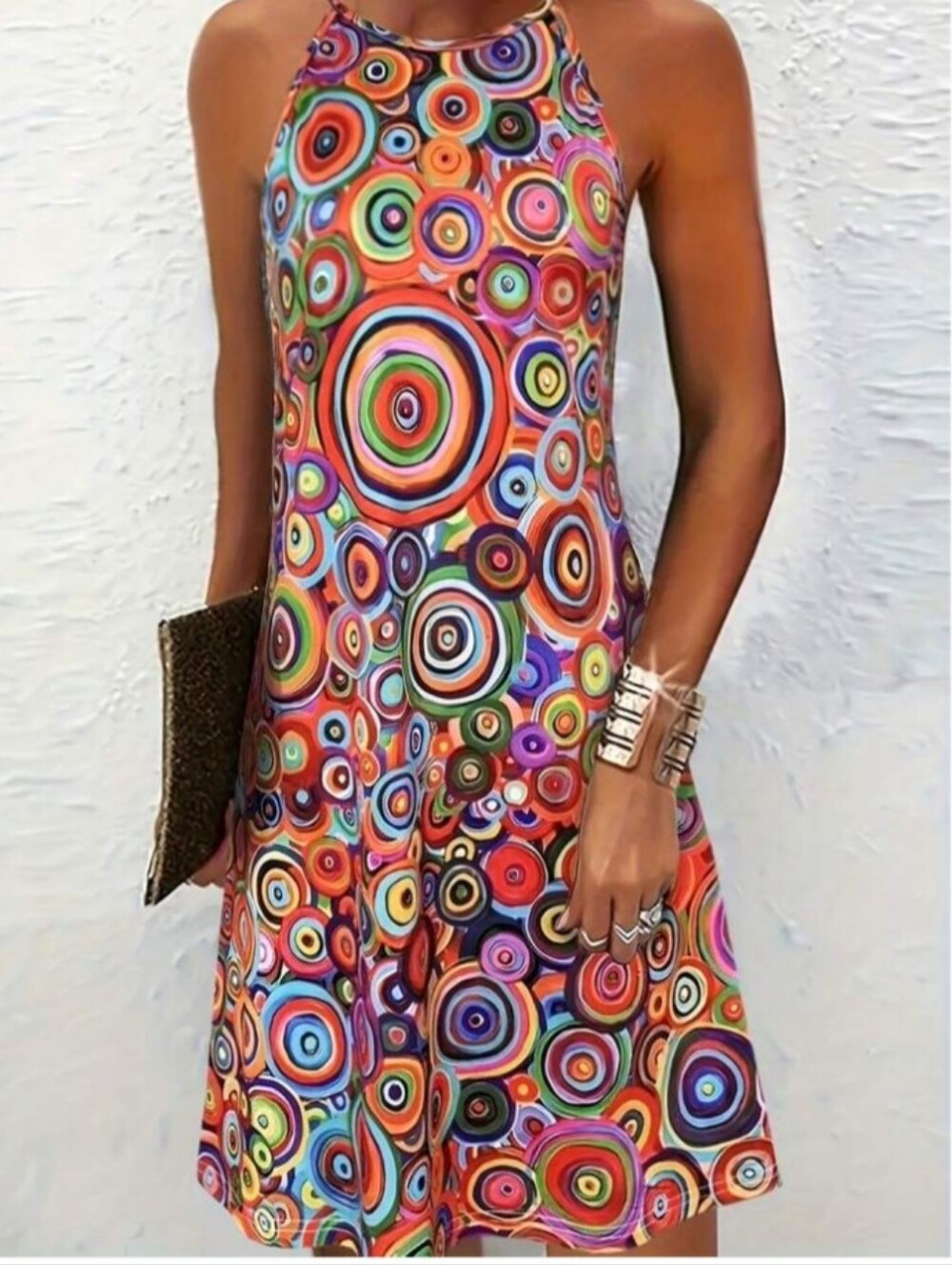 Boho Style Vibrant Multicolor Circle Print Halter Mini Summer Dress
